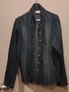 bill blass Dark Blue Ruffle Trim Button-Down Shirt